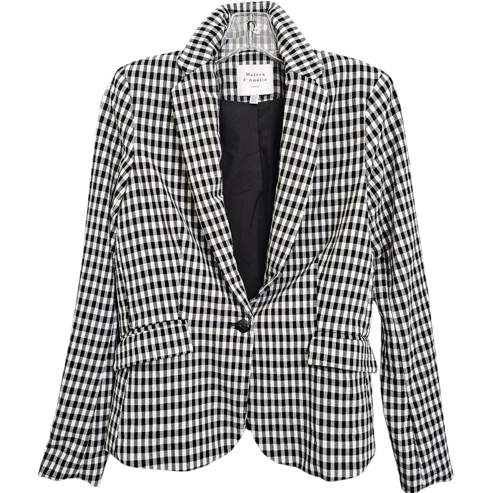 Maison d'Amelie Nwot Black /White Gingham Seersucker Longsleeve Collared Blazer